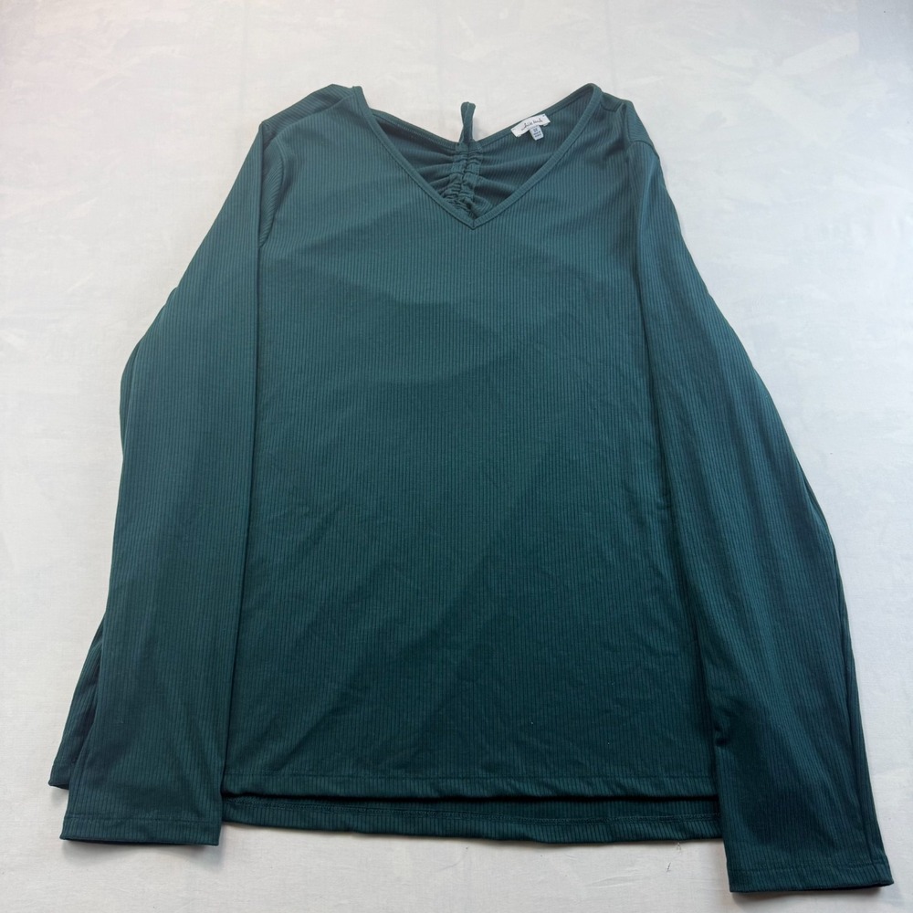 White Birch Blouse Womens 3X Green Ribbed Knit Ruched Long Sleeve Cutout Back
